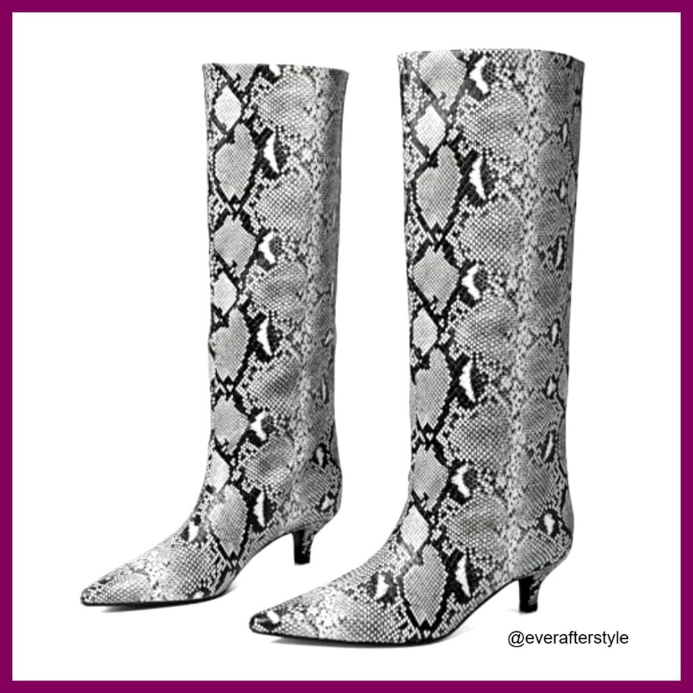 Snake-Pattern PU Leather Knee High Boots Kitten Heel Pointed Toe Pull On - Picture 5 of 7